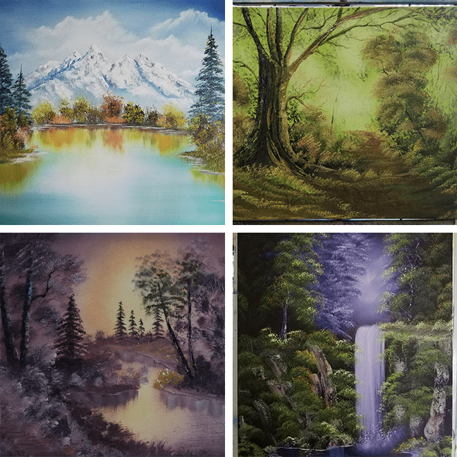 Four paintings of a forest, mountains and water.